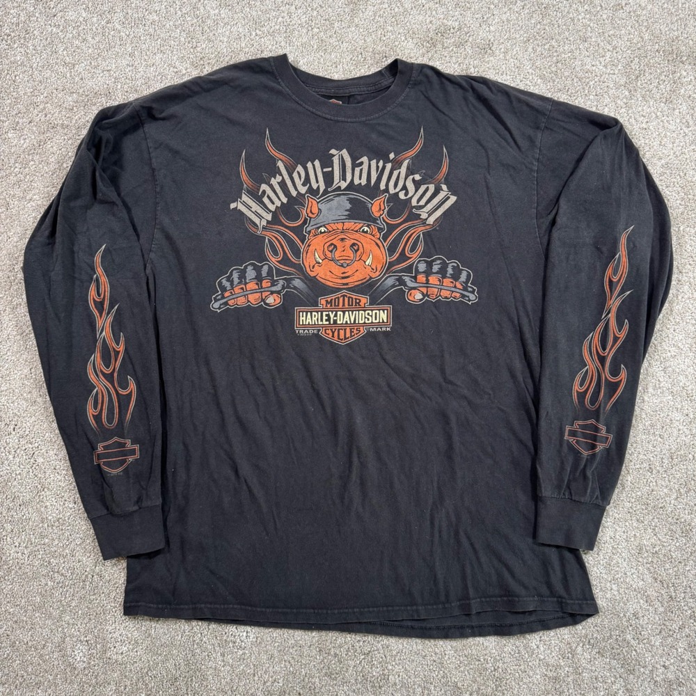 Harley-Davidson Long Sleeve Flame Hit Shirt Men 2XL Black Myrtle Beach Biker Hog